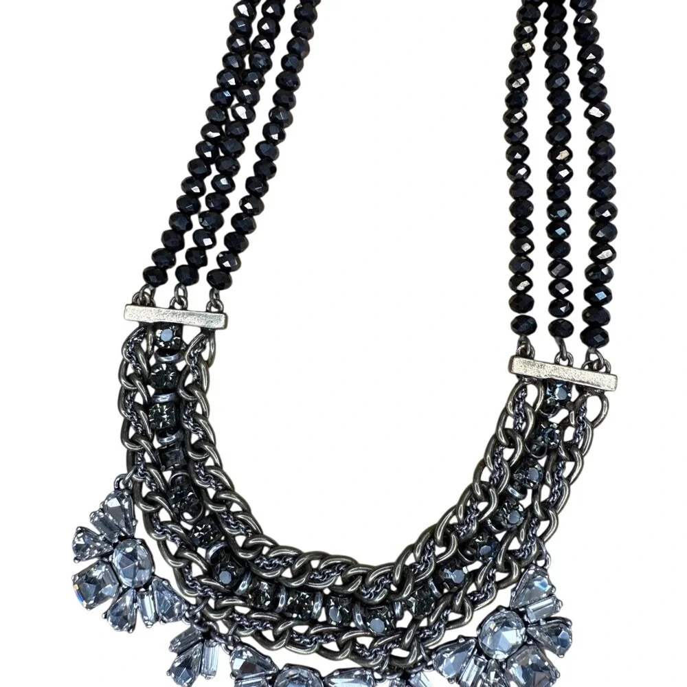 LOFT‎ Statement Necklace Black Silver Multi Strand Rhinestone Crystal Bib